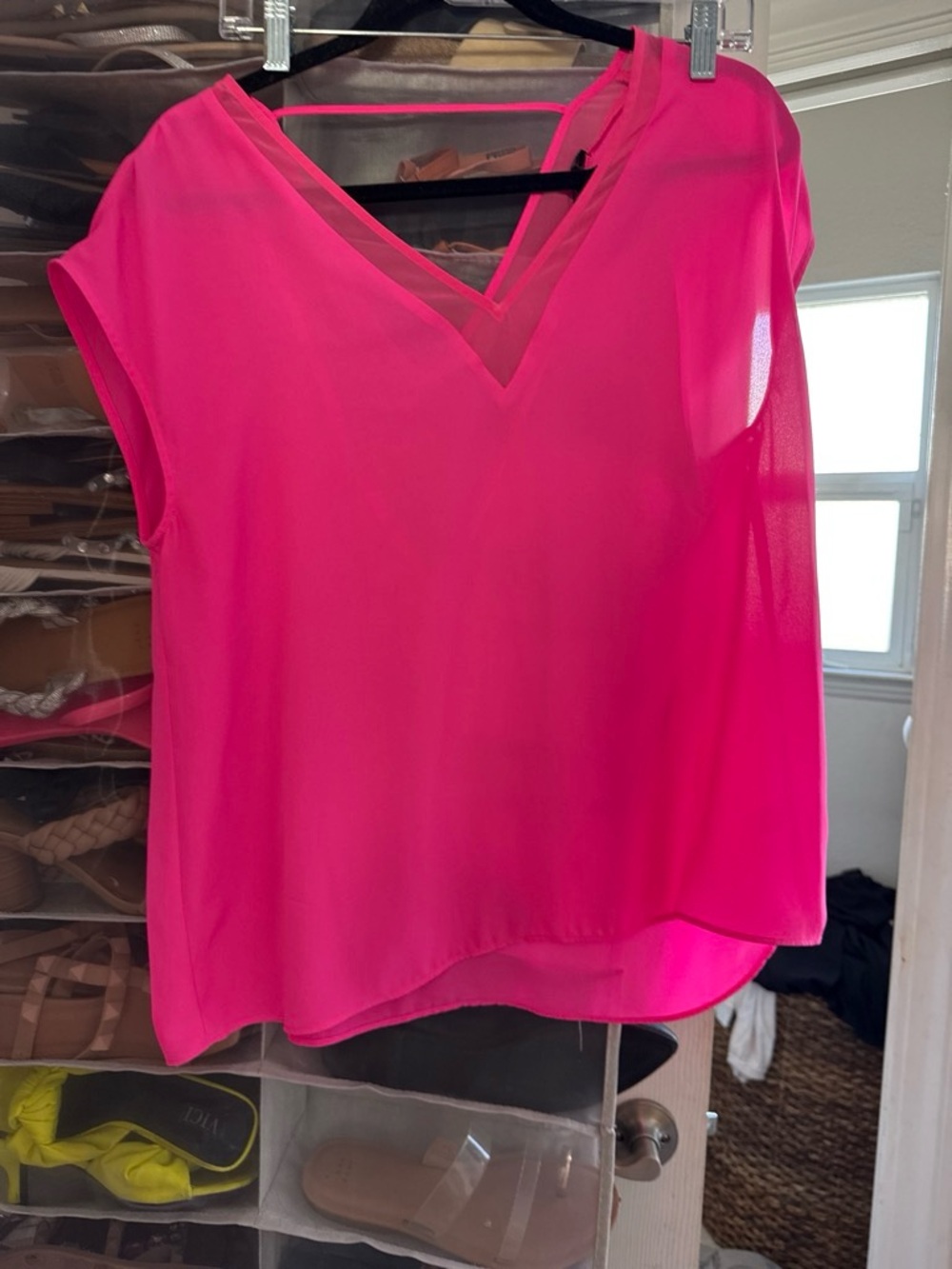 Express Hot Pink V-Neck Sheer Blouse